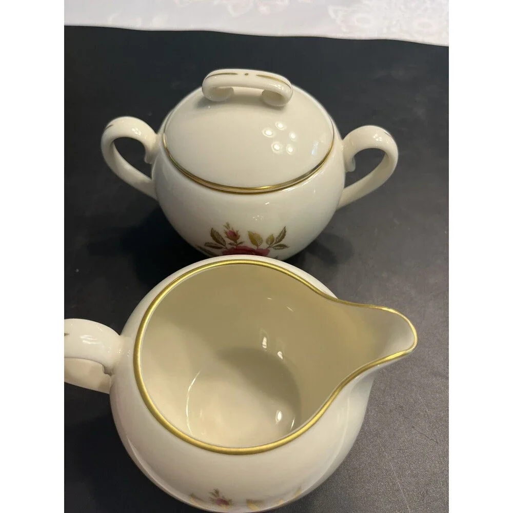 Vintage Lenox Roselyn Floral Pink Rose Gold Trim Creamer & Sugar Bowl w/ Lid